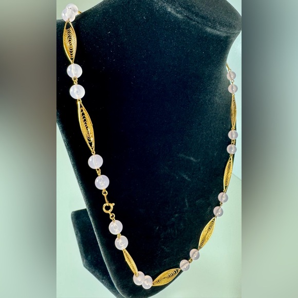 Vintage Trifari Pink Beaded & Gold-tone Trifanium Necklace - Picture 4 of 11